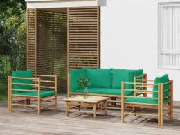vidaXL 5 Piece Patio Lounge Set with Green Cushions Bamboo