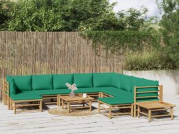 vidaXL 12 Piece Patio Lounge Set with Green Cushions Bamboo