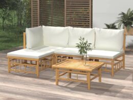 vidaXL 5 Piece Patio Lounge Set with Cream White Cushions Bamboo