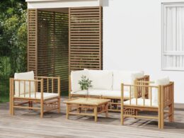 vidaXL 5 Piece Patio Lounge Set with Cream White Cushions Bamboo