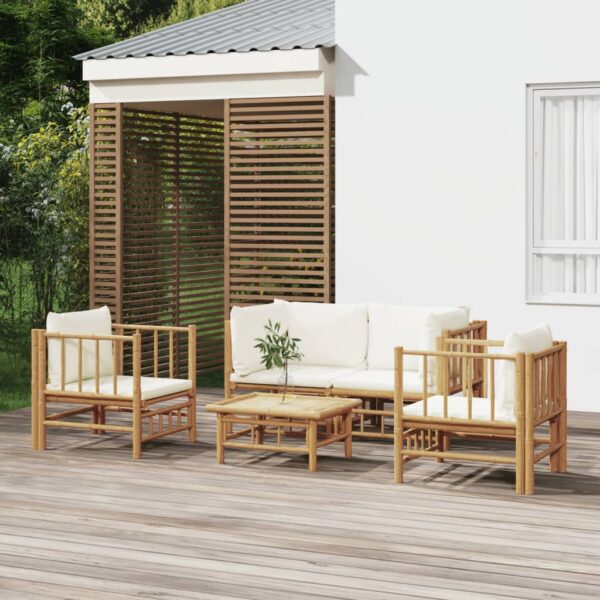 vidaXL 5 Piece Patio Lounge Set with Cream White Cushions Bamboo