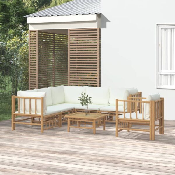 vidaXL 7 Piece Patio Lounge Set with Cream White Cushions Bamboo