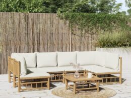 vidaXL 7 Piece Patio Lounge Set with Cream White Cushions Bamboo