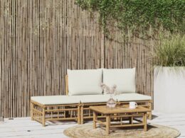 vidaXL 4 Piece Patio Lounge Set with Cream White Cushions Bamboo