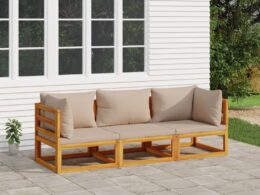 vidaXL 3 Piece Patio Lounge Set with Taupe Cushions Solid Wood