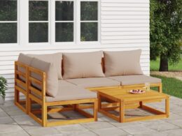 vidaXL 5 Piece Patio Lounge Set with Taupe Cushions Solid Wood