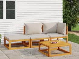 vidaXL 4 Piece Patio Lounge Set with Light Gray Cushions Solid Wood