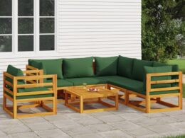 vidaXL 7 Piece Patio Lounge Set with Green Cushions Solid Wood