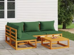 vidaXL 5 Piece Patio Lounge Set with Green Cushions Solid Wood