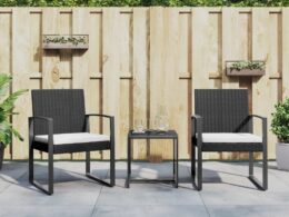vidaXL 3 piece Patio Dining Set with Cushions Black PP Rattan