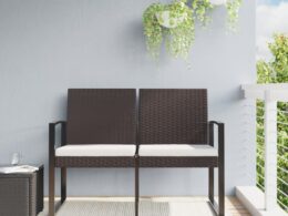vidaXL 2-Seater Patio Bench with Cushions Brown PP Rattan