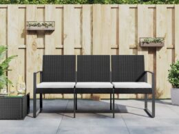vidaXL 3-Seater Patio Bench with Cushions Black PP Rattan