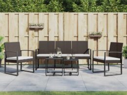 vidaXL 5 piece Patio Dining Set with Cushions Brown PP Rattan