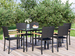 vidaXL 7 Piece Patio Dining Set Black Poly Rattan