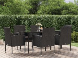 vidaXL 7 Piece Patio Dining Set with Cushions Black Poly Rattan