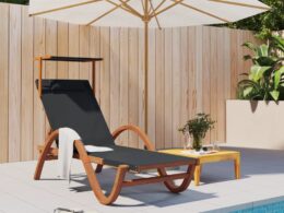 vidaXL Sun Lounger with Canopy Gray Textilene and Solid Wood Poplar