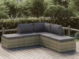vidaXL 5 Piece Patio Lounge Set with Cushions Gray Poly Rattan