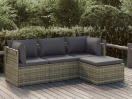 vidaXL 4 Piece Patio Lounge Set with Cushions Gray Poly Rattan