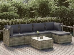 vidaXL 6 Piece Patio Lounge Set with Cushions Gray Poly Rattan