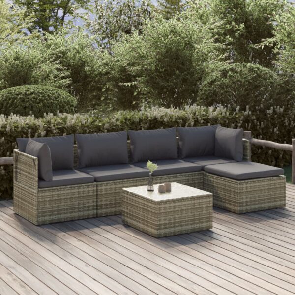vidaXL 6 Piece Patio Lounge Set with Cushions Gray Poly Rattan