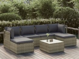 vidaXL 7 Piece Patio Lounge Set with Cushions Gray Poly Rattan