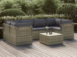vidaXL 7 Piece Patio Lounge Set with Cushions Gray Poly Rattan