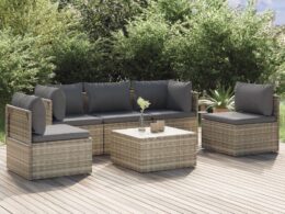 vidaXL 6 Piece Patio Lounge Set with Cushions Gray Poly Rattan