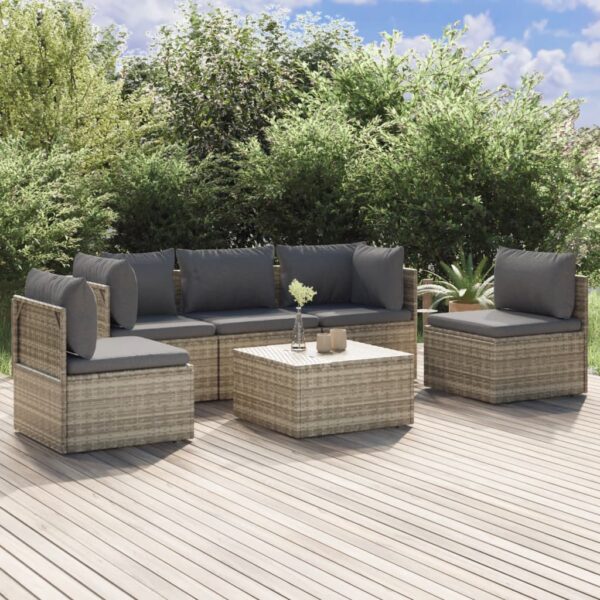 vidaXL 6 Piece Patio Lounge Set with Cushions Gray Poly Rattan