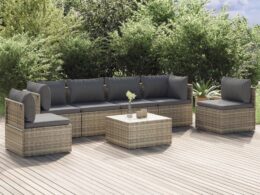 vidaXL 7 Piece Patio Lounge Set with Cushions Gray Poly Rattan