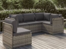 vidaXL 5 Piece Patio Lounge Set with Cushions Gray Poly Rattan