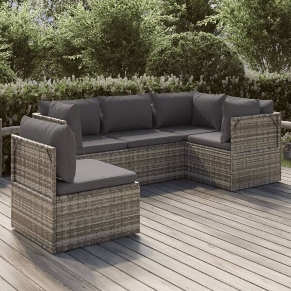 vidaXL 5 Piece Patio Lounge Set with Cushions Gray Poly Rattan