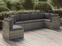 vidaXL 6 Piece Patio Lounge Set with Cushions Gray Poly Rattan