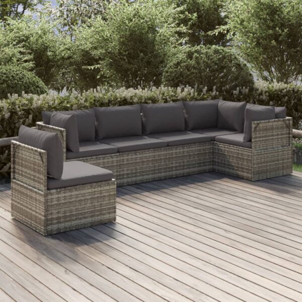 vidaXL 6 Piece Patio Lounge Set with Cushions Gray Poly Rattan