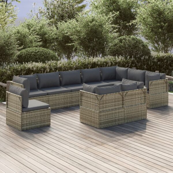 vidaXL 10 Piece Patio Lounge Set with Cushions Gray Poly Rattan