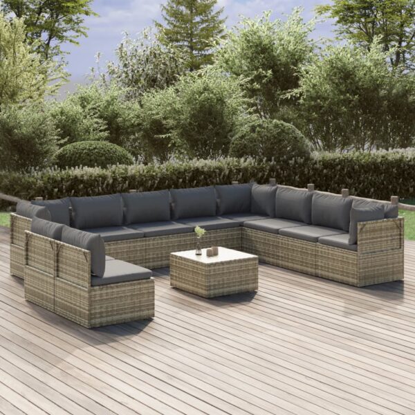 vidaXL 11 Piece Patio Lounge Set with Cushions Gray Poly Rattan