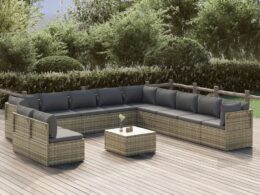 vidaXL 12 Piece Patio Lounge Set with Cushions Gray Poly Rattan