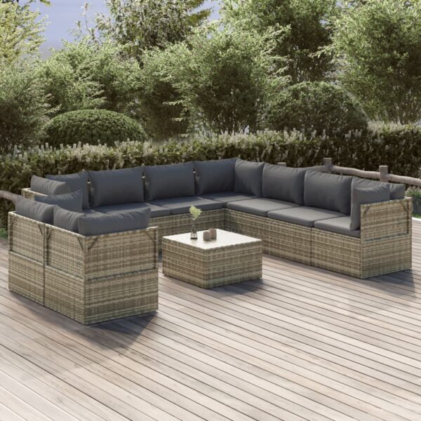 vidaXL 10 Piece Patio Lounge Set with Cushions Gray Poly Rattan