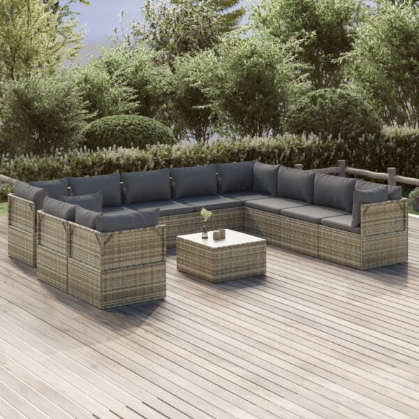 vidaXL 11 Piece Patio Lounge Set with Cushions Gray Poly Rattan