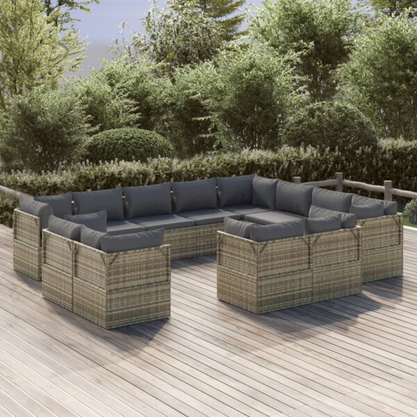 vidaXL 12 Piece Patio Lounge Set with Cushions Gray Poly Rattan