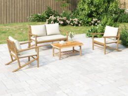 vidaXL 4 Piece Patio Lounge Set with Cream White Cushions Bamboo