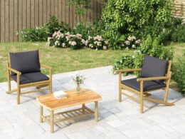vidaXL 3 Piece Patio Lounge Set with Dark Gray Cushions Bamboo