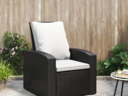 vidaXL Patio Reclining Chair with Cushions Black Poly Rattan