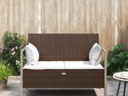 vidaXL 2-Seater Patio Bench with Cushions Brown Poly Rattan