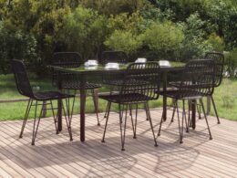 vidaXL 7 Piece Patio Dining Set Black Poly Rattan