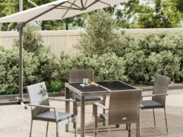 vidaXL 5 Piece Patio Dining Set with Cushions Gray Poly Rattan