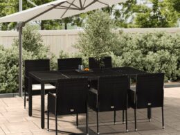 vidaXL 7 Piece Patio Dining Set with Cushions Black Poly Rattan