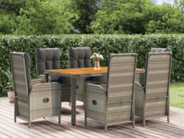 vidaXL 7 Piece Patio Dining Set with Cushions Gray Poly Rattan