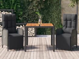vidaXL 3 Piece Patio Dining Set with Cushions Black Poly Rattan