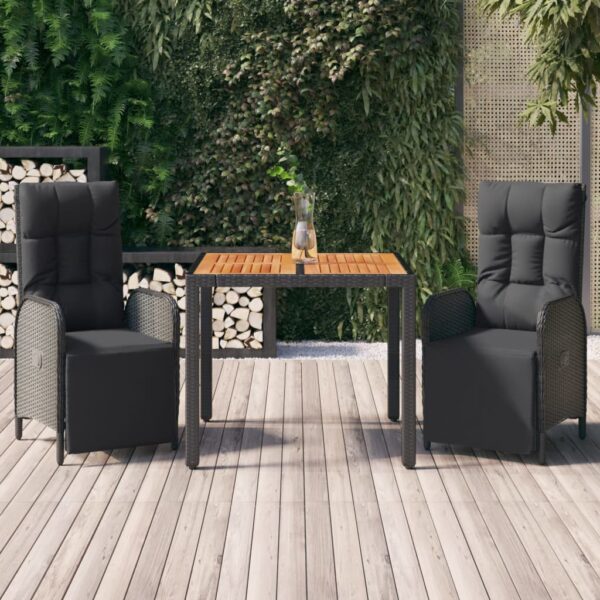 vidaXL 3 Piece Patio Dining Set with Cushions Black Poly Rattan