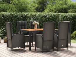 vidaXL 7 Piece Patio Dining Set with Cushions Black Poly Rattan